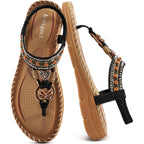 Aomigoct Sandals Women Flat Shoes: Dressy Summer Bohemian Flats Shoes For Women Sandals Comfortable Ankle Strap Outdoor Walking