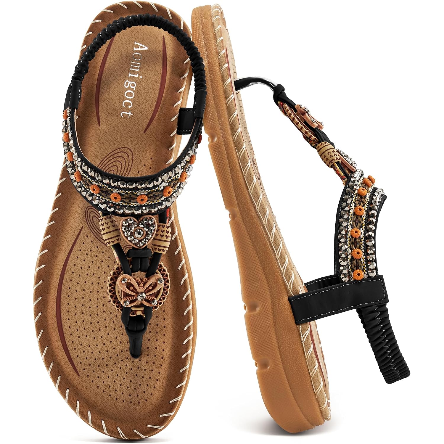 Aomigoct Sandals Women Flat Shoes: Dressy Summer Bohemian Flats Shoes For Women Sandals Comfortable Ankle Strap Outdoor Walking