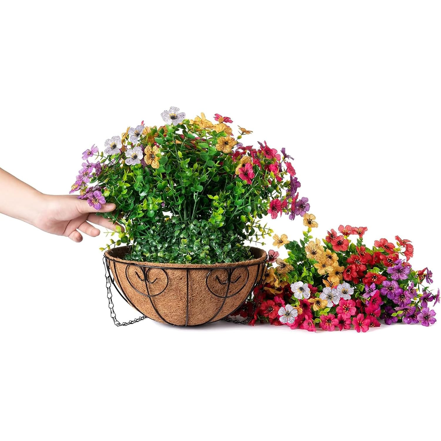 Artificial Faux Hanging Plants Flowers Basket For Summer Outdoor Outside Decoration, Fake Silk Uv Sun Resistant Look Real Colorful Daisy Eucalyptus For Porch Home Patio Balcony Yard