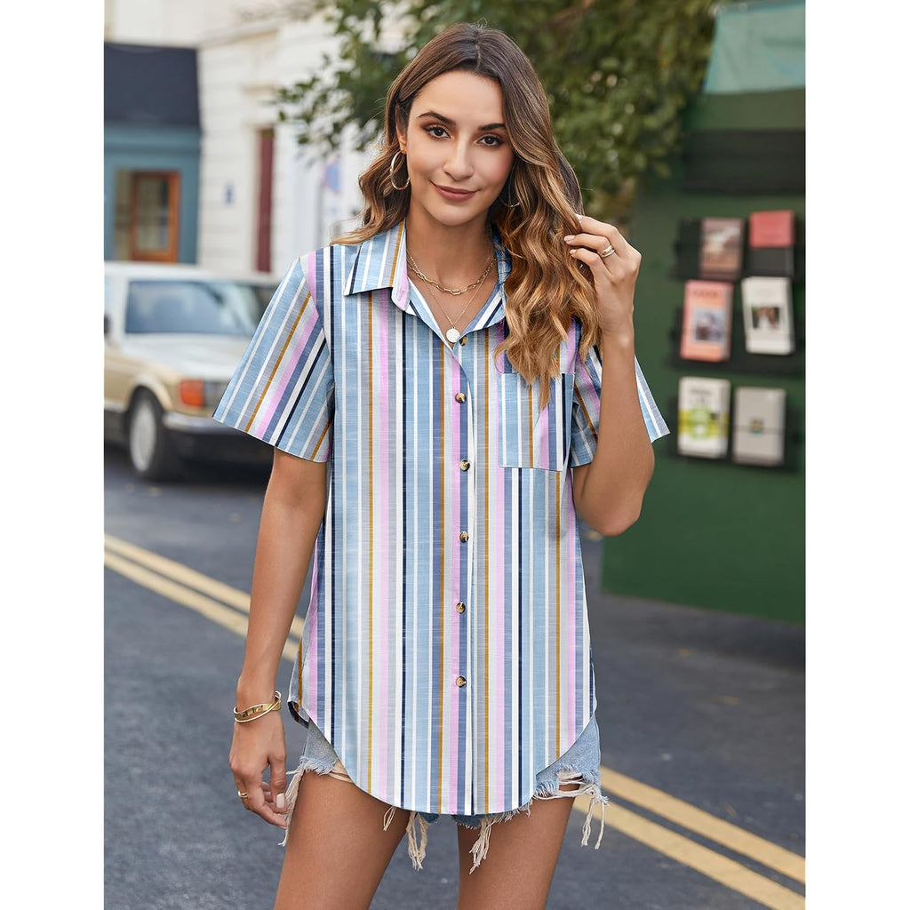 Hotouch Cotton Linen Button Down Shirt For Women V Neck Collared Blouse Casual Short Sleeve Tops With Pocket