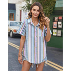 Hotouch Cotton Linen Button Down Shirt For Women V Neck Collared Blouse Casual Short Sleeve Tops With Pocket