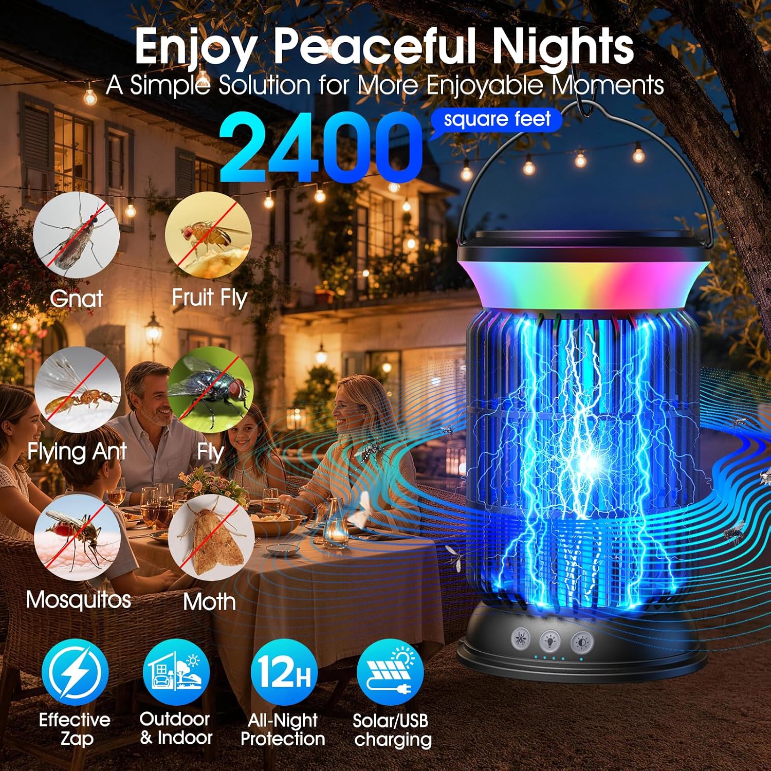Solar Bug Zapper Outdoor, 4 In 1 Outdoor Essential, 4200V Mosquito Zapper With Ambient Light, Smart Auto Mode, Solar Usb Power For Camping Patio Garden Outdoor Living