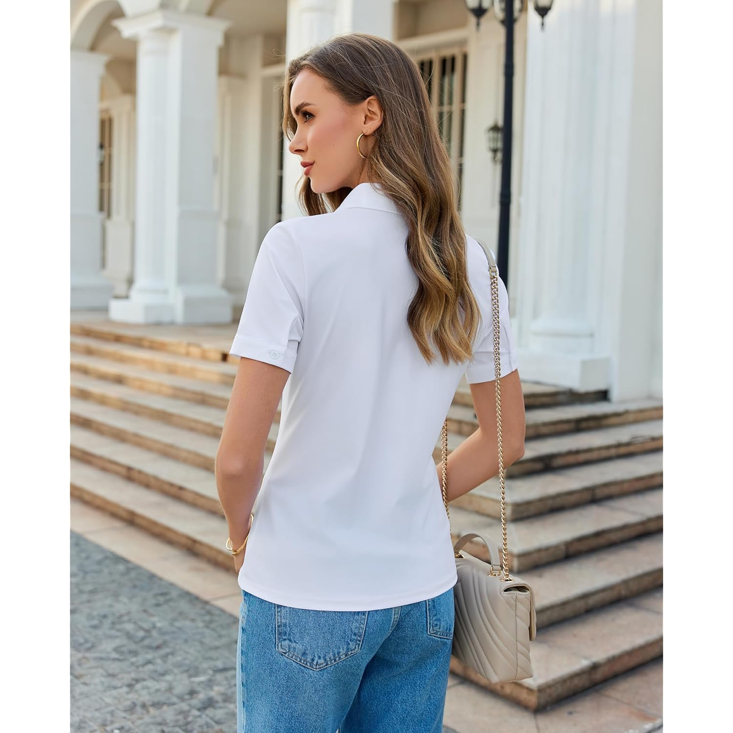 Button Down Shirts for Women Stretch Short Sleeve Dress Shirts for Women Collared Wrinkle Free Business Top Work Blouse