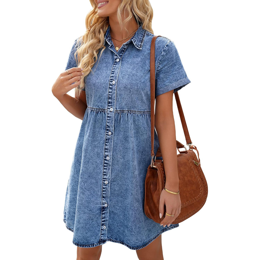 Lookbookstore Women'S Short Sleeve Button Down Flowy Tiered Babydoll Denim Dress