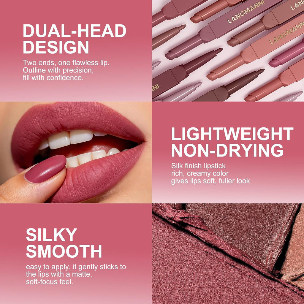 LANGMANNI 2-in-1 Lipstick & Lip Liner Set,6 Colors Gift Set|Angled Lipstick+Matching Lipliner Pencil|Velvet Matte Finish,Long-Lasting & Smudge-Resistant|All-in-One Lip Makeup Kit for Women(#A)