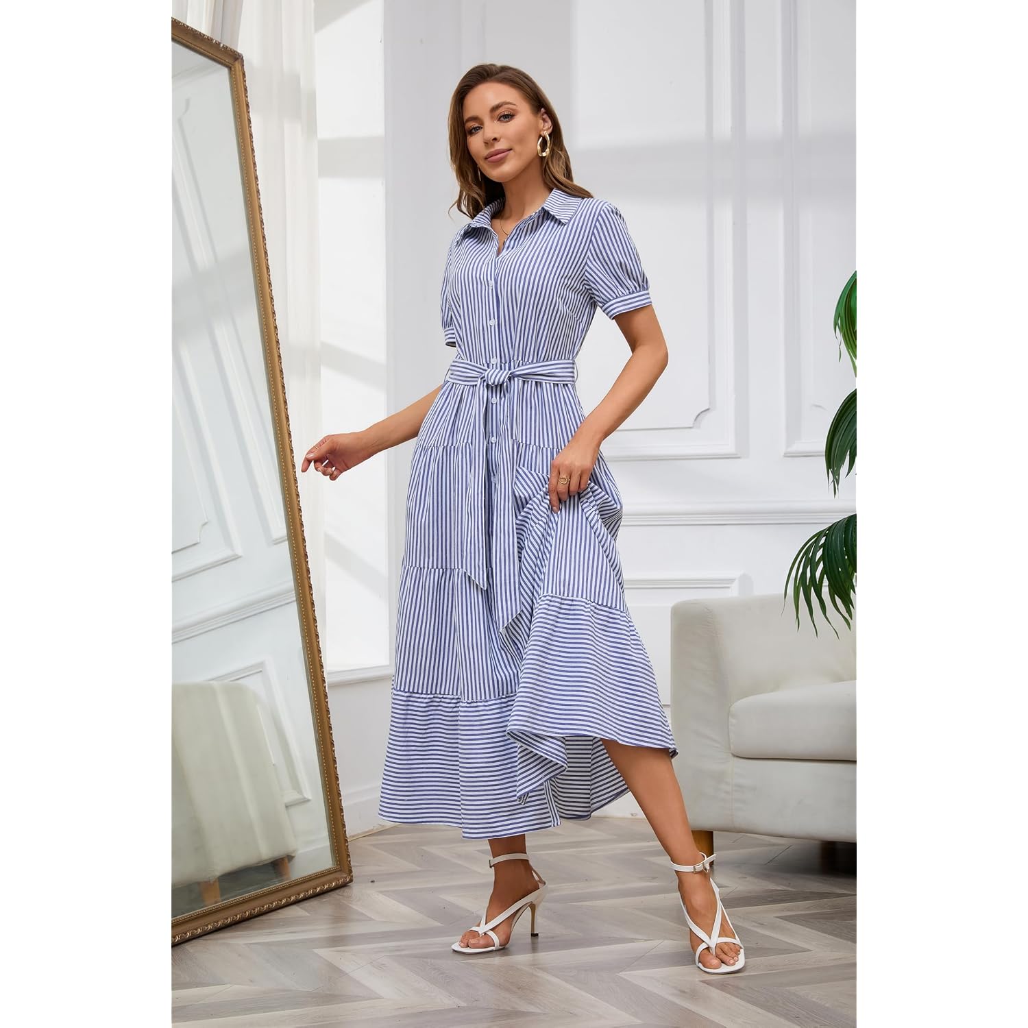Utcoco Womens Casual Short Sleeve Button Down Tie Waist Ruffled Striped Maxi Shirt Dress