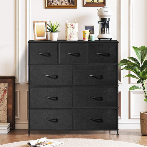 9-Drawer Dresser For Bedroom, Anti-Tip Tall Storage Organizer | Chest Of Drawers With Wooden Top And Metal Frame Fabric Bins For Closet, Living Room, Hallway, Entryway, Black
