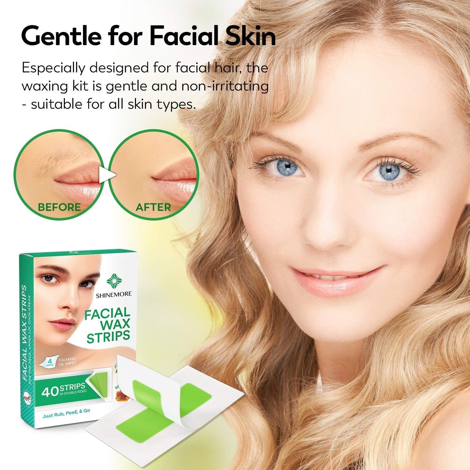 ShineMore Facial Wax Strips for Hair Removal - Hypoallergenic for All Skin Types - Gentle and Fast-Working for Face, Eyebrow, Upper Lip, and Chin (40 Strips + 4 Calming Oil Wipes NATURE Ingredients)