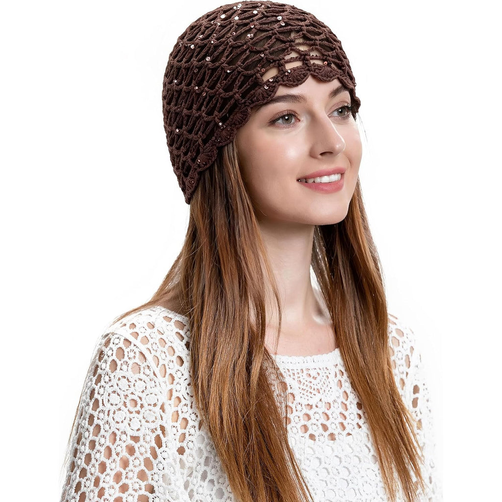 Zlyc Women Crochet Beanie Handmade Knit Flower Shiny Summer Vintage Skull Hat