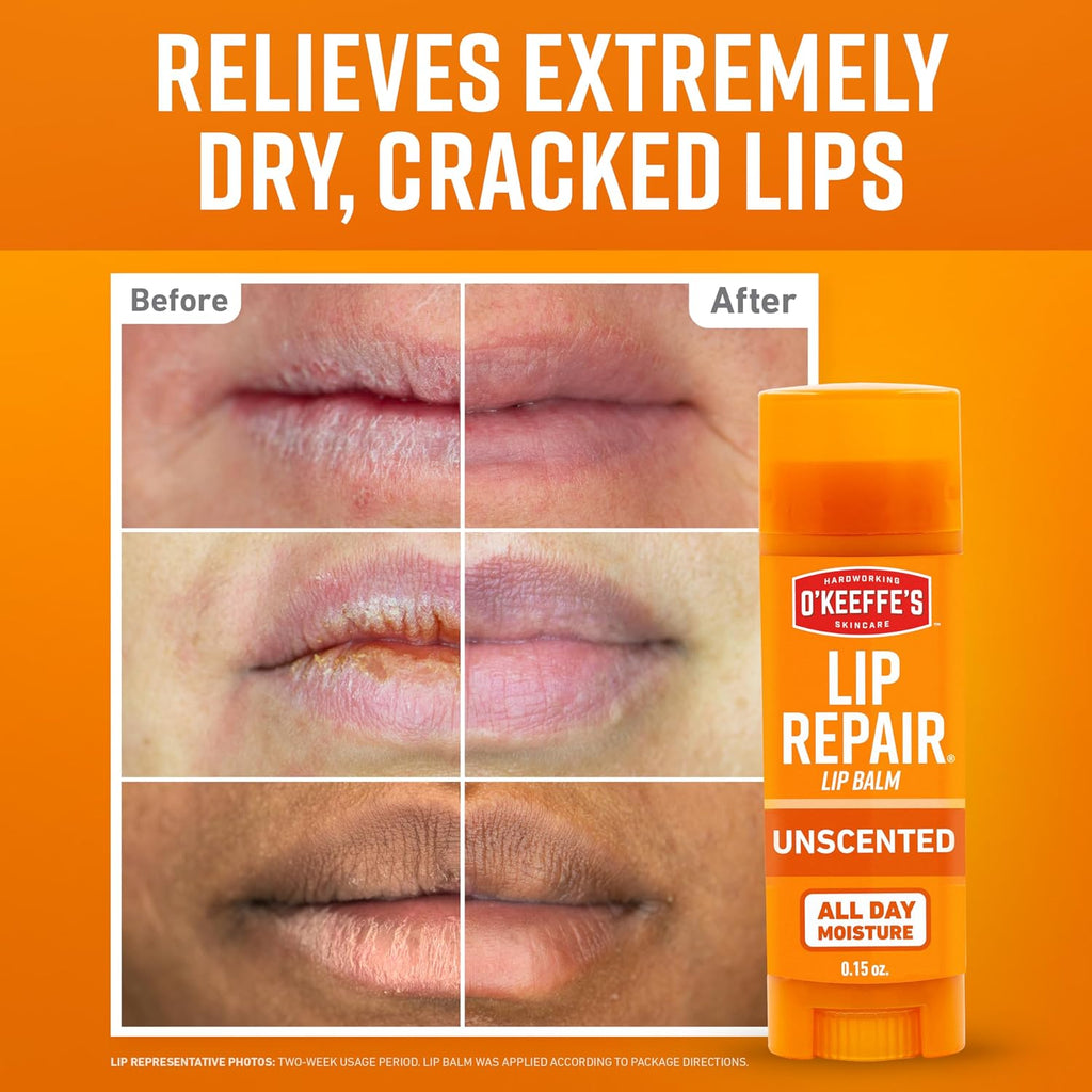 O'Keeffe'S Lip Repair Unscented Lip Balm For Dry, Cracked Lips - Stick (Twin Pack) - Moisturizer For Very Dry Lips