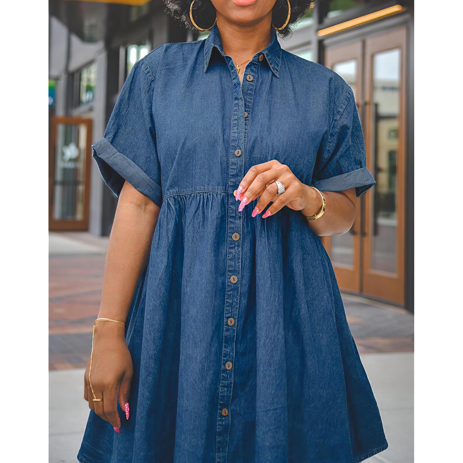 Womens Denim Babydoll Dresses Summer Outfits Button Down Ruffle Tiered Jean Dress
