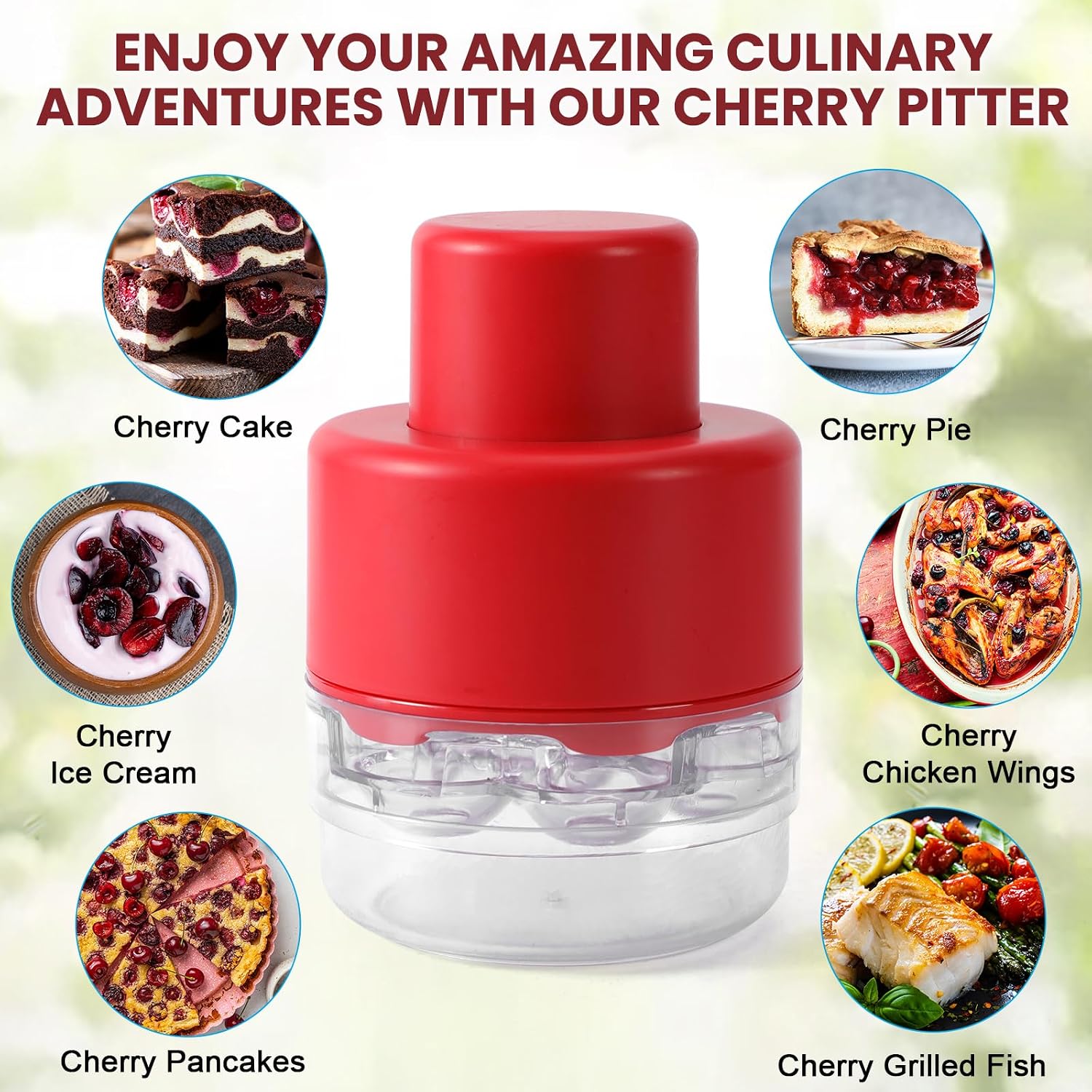 Schvubenr 7-In-1 Large Cherry Pitter Tool - Portable Cherry Corer Pitter With Ergonomic Push Design - Easy To Use For Making Cherry Jam - Pit 7 Cherries At Once, Saving Time & Effort - Red