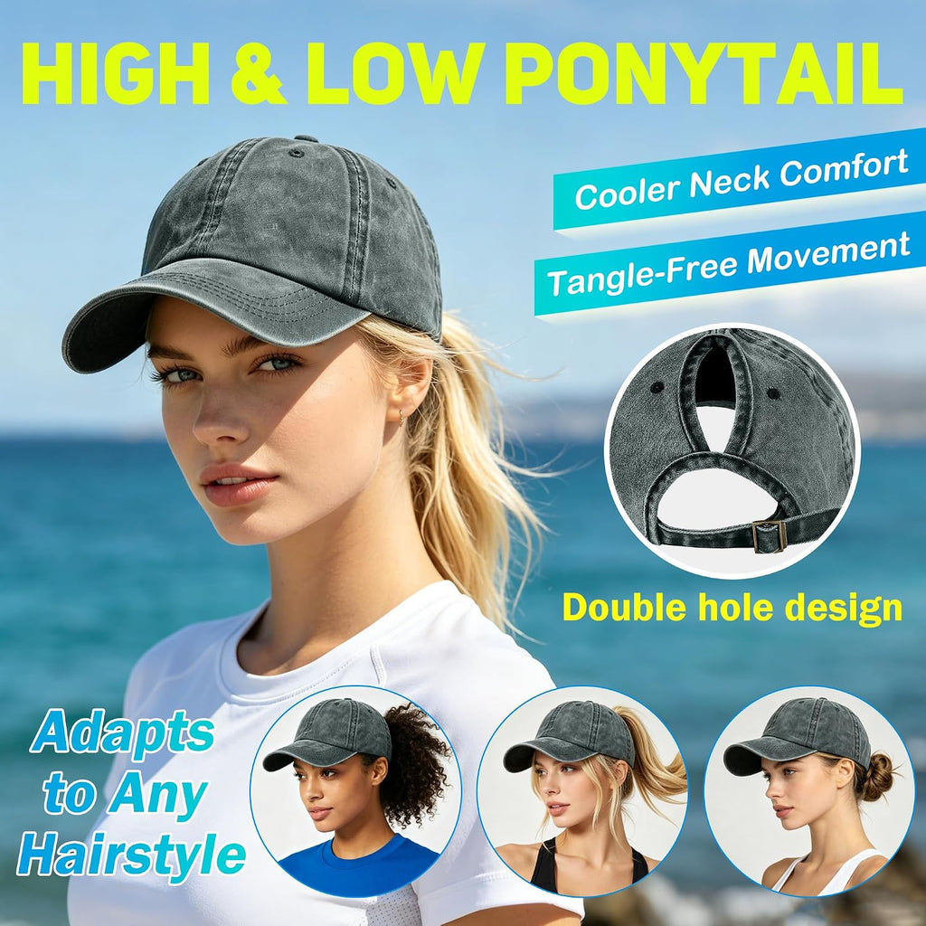 Womens Vintage Washed Distressed Baseball-Cap with Ponytail Hole Sport Golf Hat Black+green+khaki