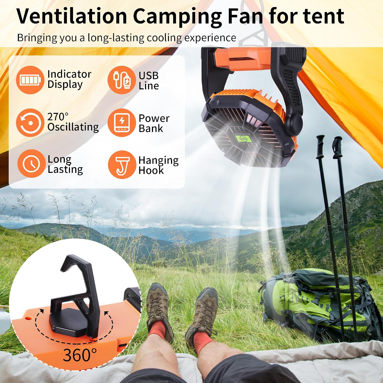 Portable Fan Rechargeable Battery Powered Fan,20000Mah Cordless Battery Operated Camping Fans With Led Light & Hook,Usb Personal Fans Outdoor Camping Essentials Beach Tent For Travel Reading
