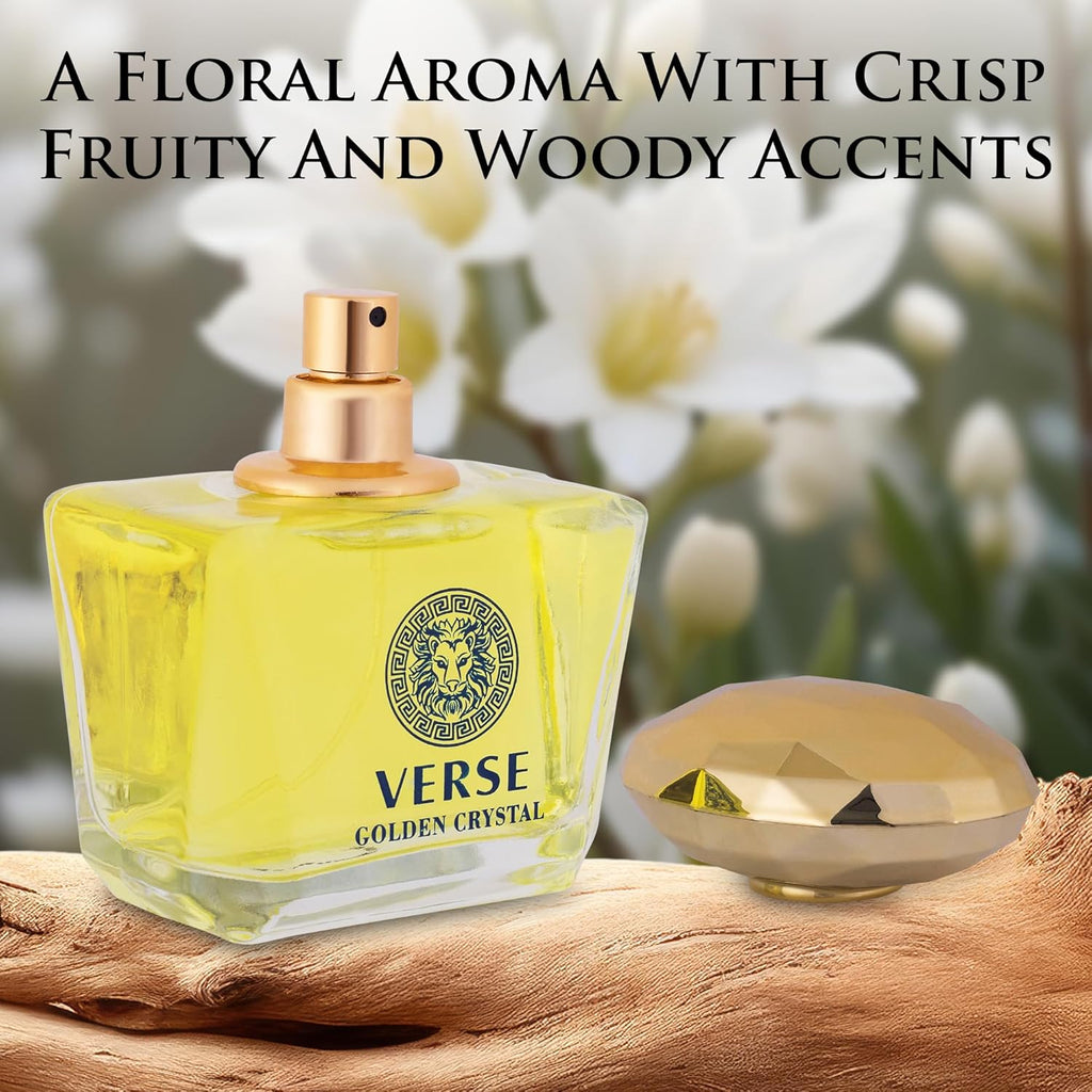 Verse Golden Crystal for Women 3.4 fl Oz - Floral Fruity Fragrance - Top Notes of Amalfi Lemon, Bergamot & Neroli - Base Notes of Guaiac Wood, Amber & Musk - Free of Parabens - Elegant 100ml Bottle