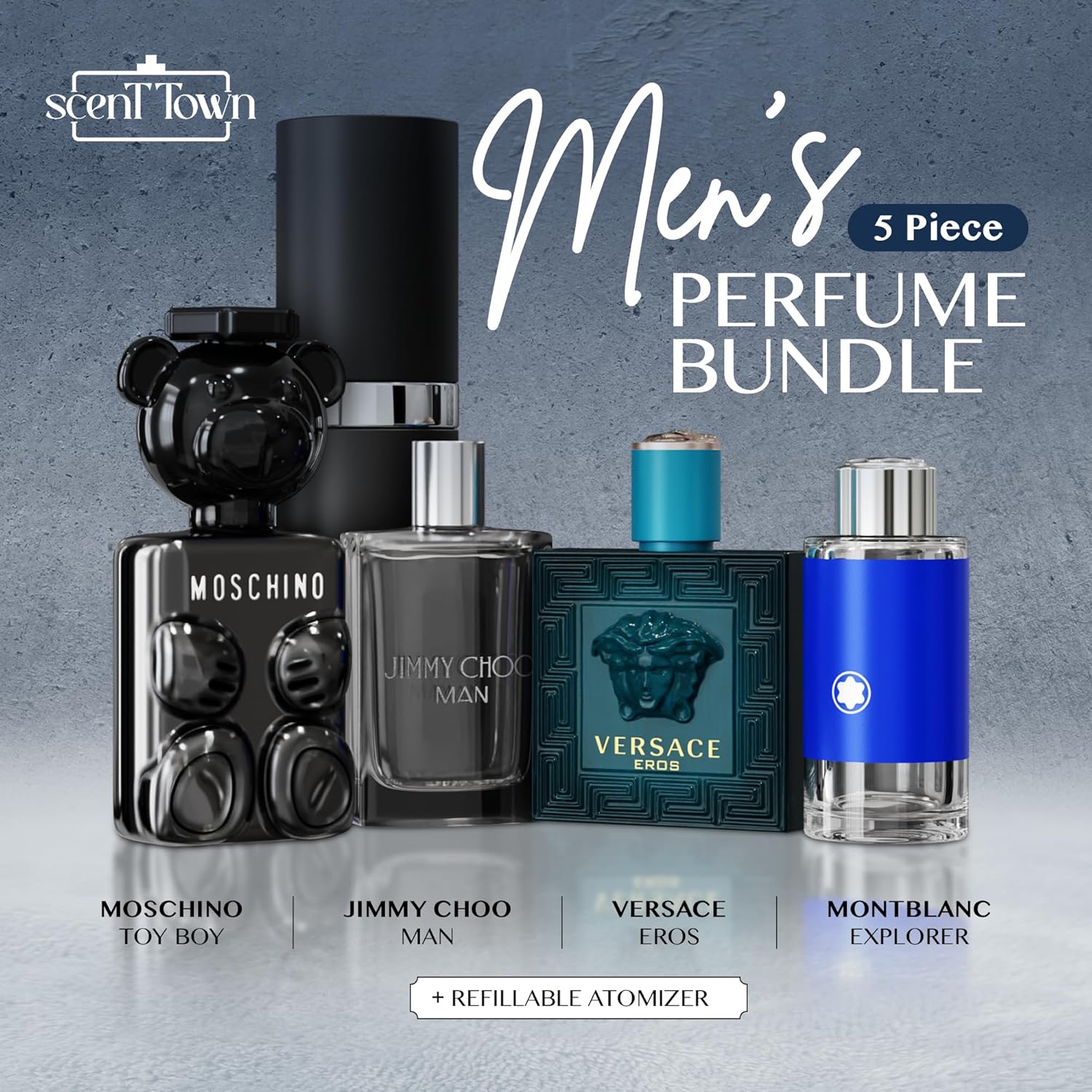 Scentown Mens Cologne Gift Sets Mini Bottle – Designer Mens Cologne Sampler Sets with Empty Refillable Atomizer – Box Includes Versace, Moschino, Mont Blanc, Jimmy Choo Travel Size (0.17 Oz Each)