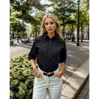 Womens 3/4 Sleeve Button Down Shirt Slim Fit Work Blouses Cotton Dress Shirts Office Tops