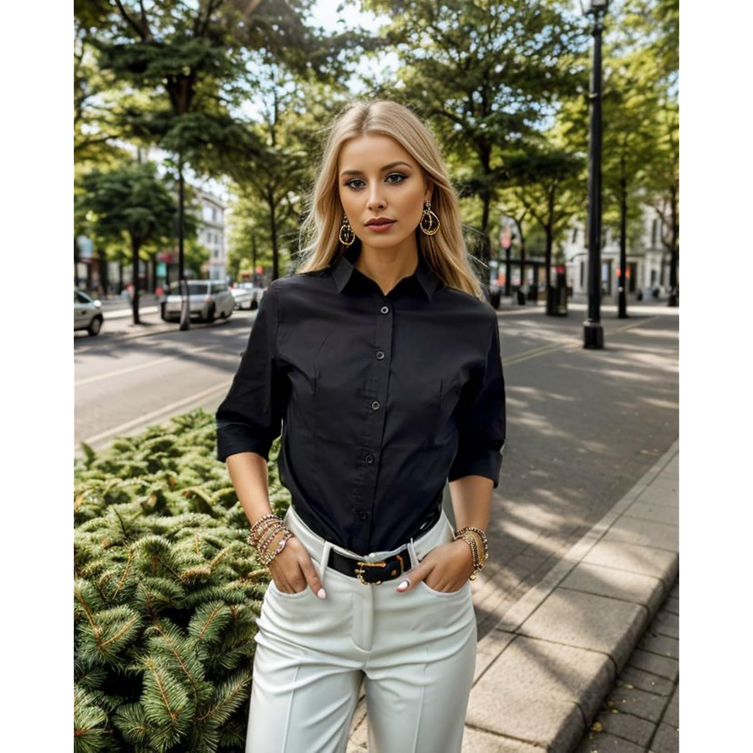 Womens 3/4 Sleeve Button Down Shirt Slim Fit Work Blouses Cotton Dress Shirts Office Tops