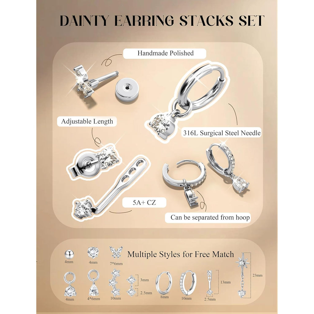 BESTEEL Hypoallergenic Flat Back Earrings Cartilage - Gold Silver Earring Stacks Surgical Stainless Steel Helix Tragus Conch Flatback Stud Hoop Earring Sets for Sensitive Ears Women Trendy Gift