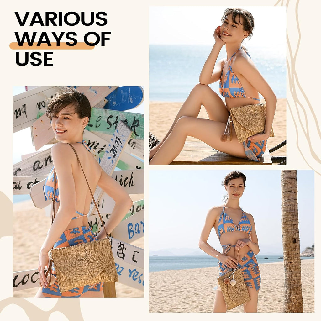 LEVOTIER Woven Straw Crossbody Bags for Women - Handmade Casual Beach Purse