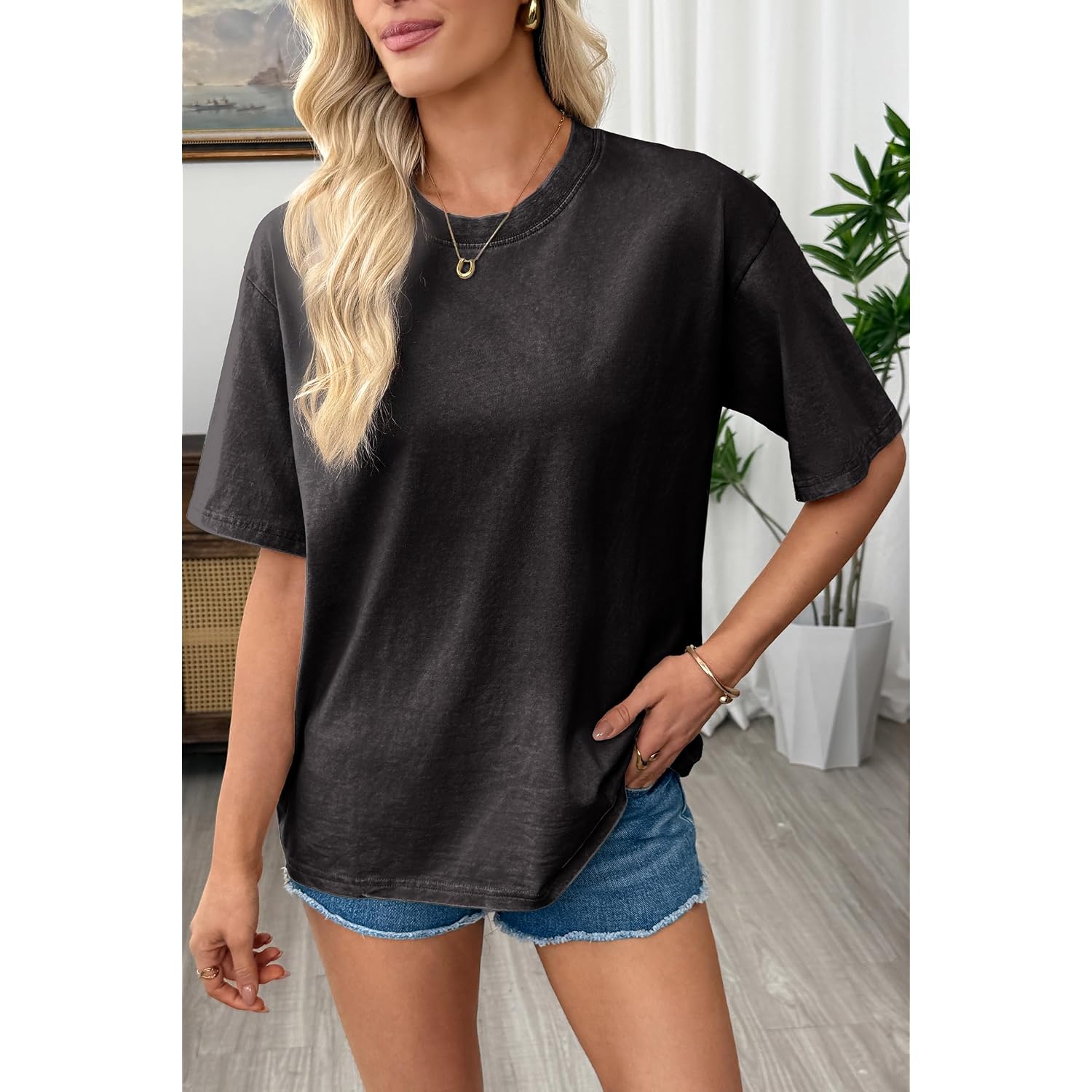 Shewin Oversized Wash Out Fabric Tee Shirts Trendy Cotton Tops Casual Work Tshirt 2026
