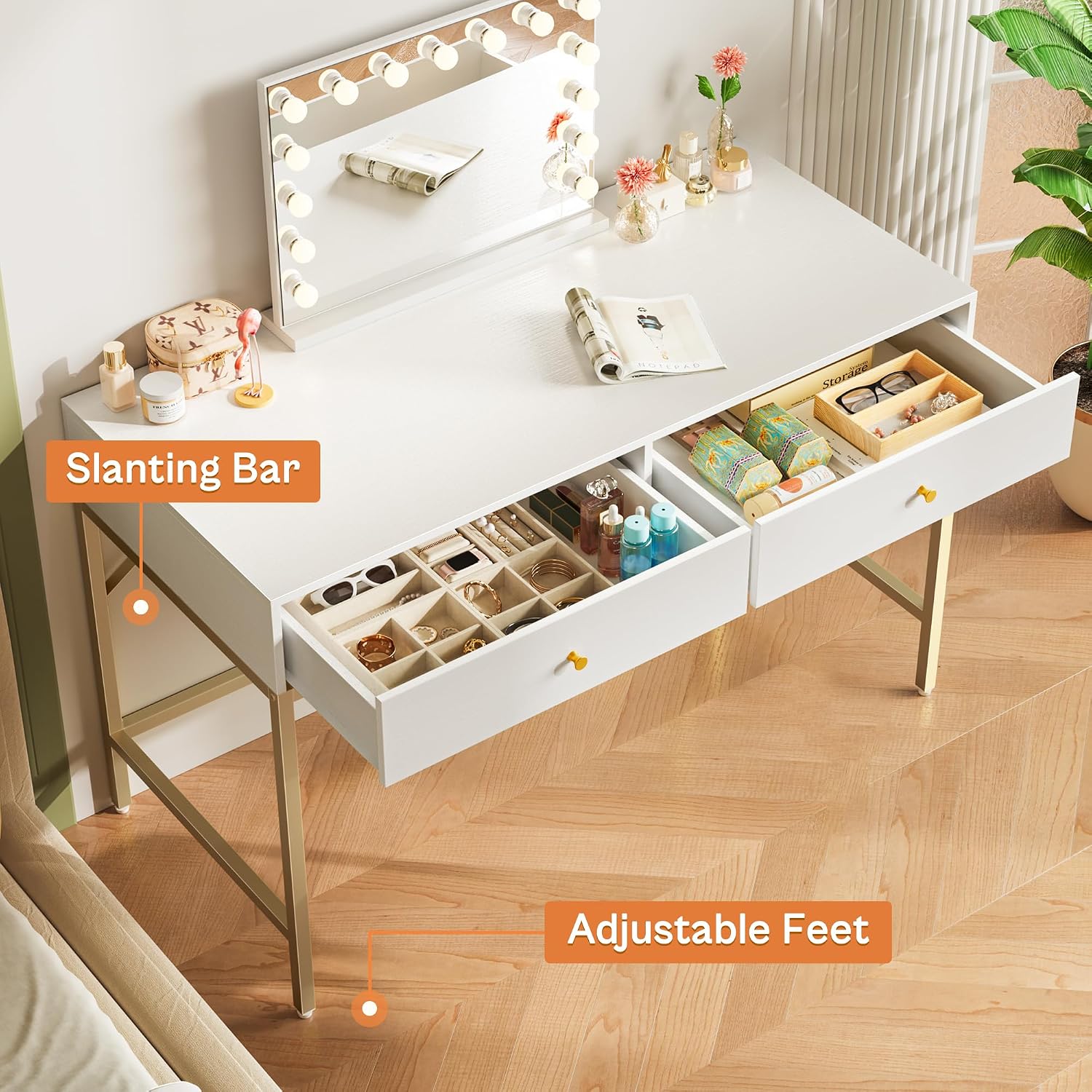 Superjare Vanity Desk With Drawers, 47 Inch Computer Desk, Modern Simple Home Office Desks, Makeup Dressing Table For Bedroom - White And Gold