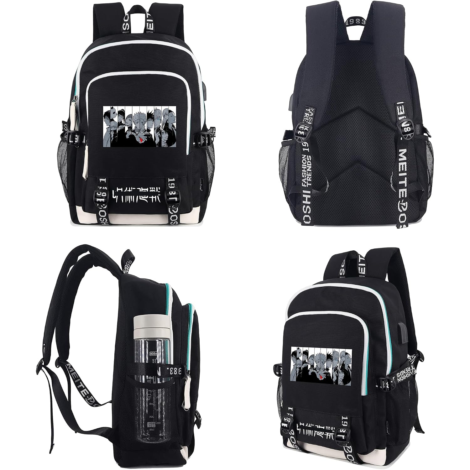 Roffatide Anime Laptop Backpack College Schoolbag Printed Rucksack With Usb Charging Port & Headphone Port Black