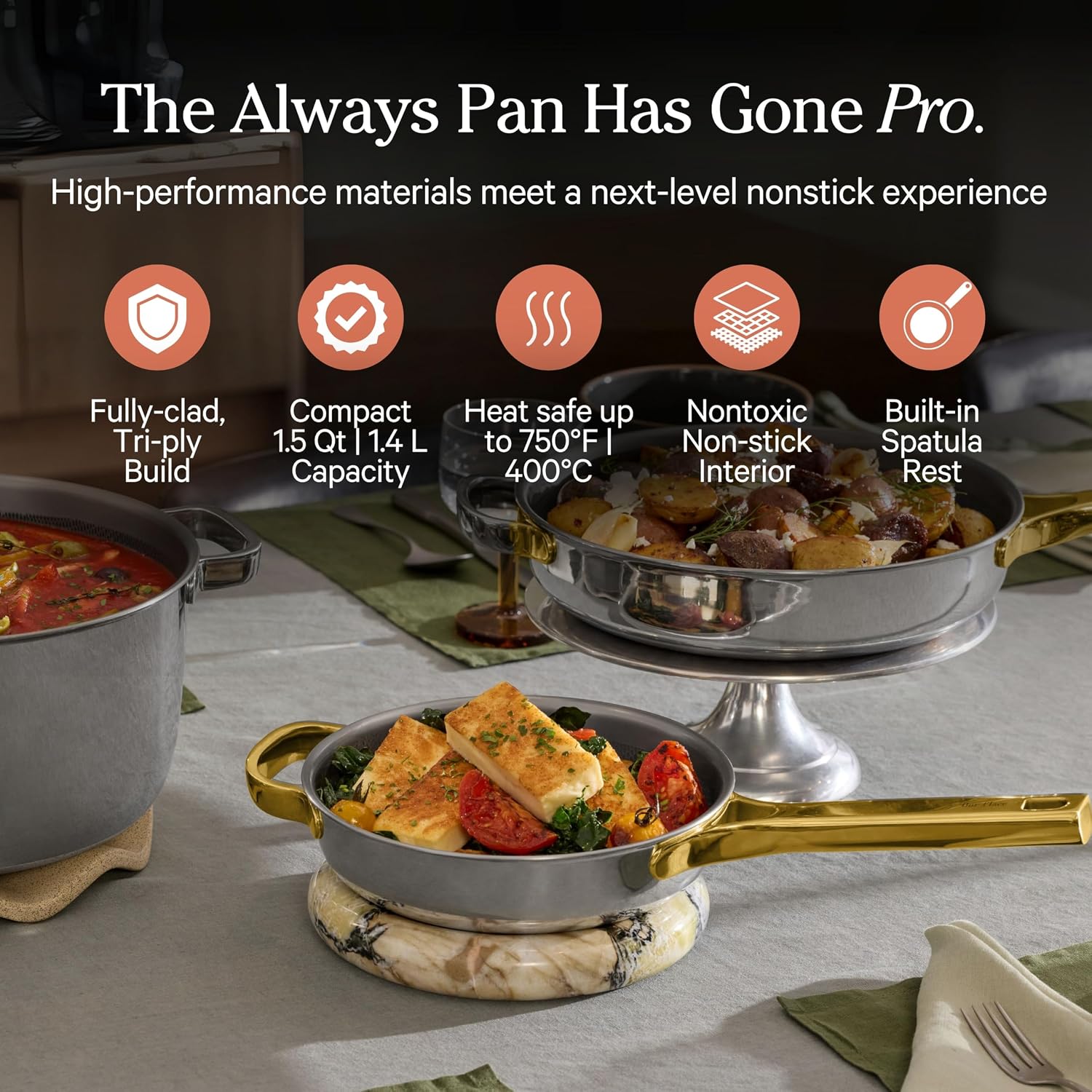 Our Place Titanium Always Pan Pro - 10.6” (2.8 Qt) No-Coating Nonstick Skillet | Tri-Ply Titanium & Stainless Steel | Safe For Oven, Induction & All Cooktops Up To 750°F | Includes Spatula | Gold