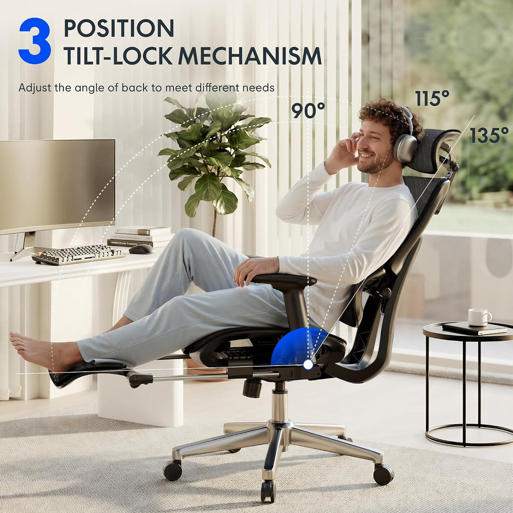 Flexispot Ergox Premium Ergonomic Office Chair With Footrest - Adjustable 3D Armrests, Dynamic Lumbar Support, Recline & Tilt Function, Mesh Seat, For Home & Office Use, Black
