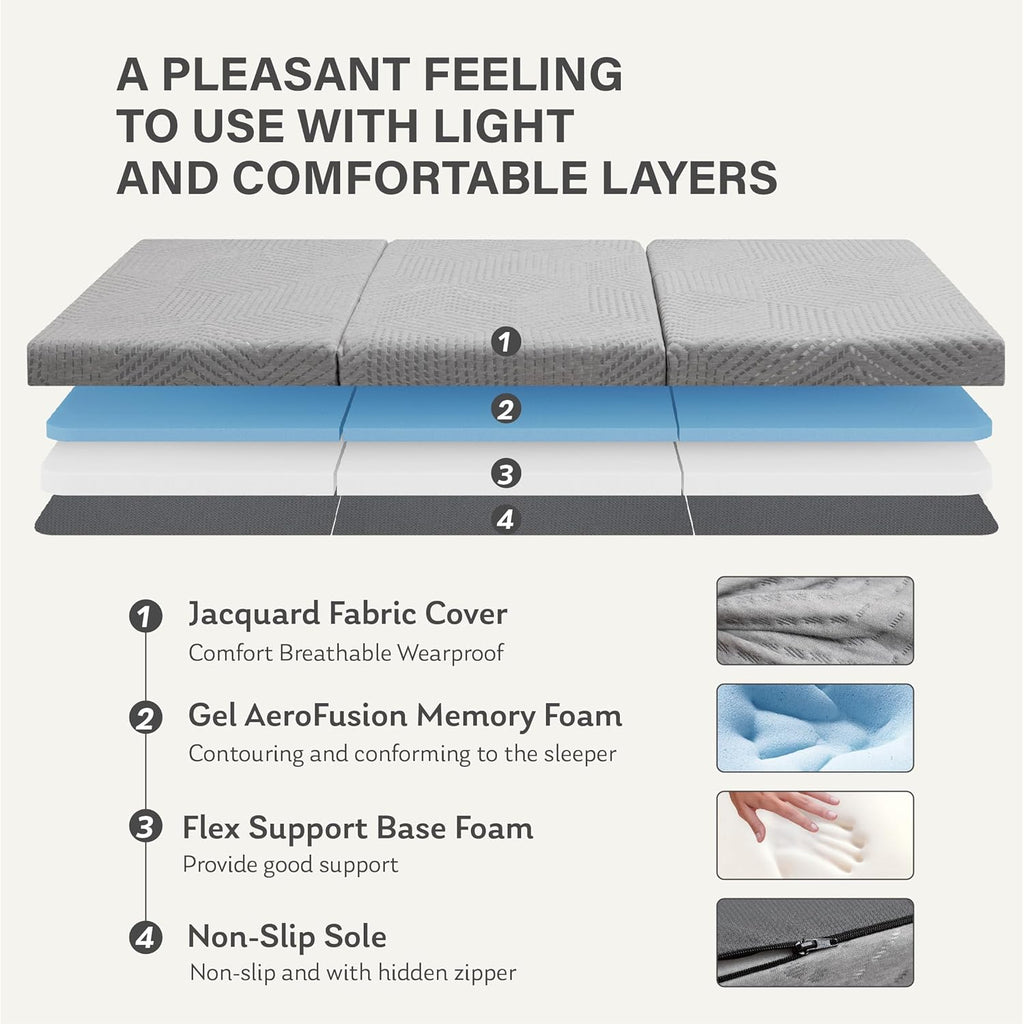 MLILY Tri-Fold Memory Foam Topper, 4 inch Single Folding Mattress Topper with Collapsible and Washable Cover, Travel and Guest Mat, 75"×25"×4", Grey