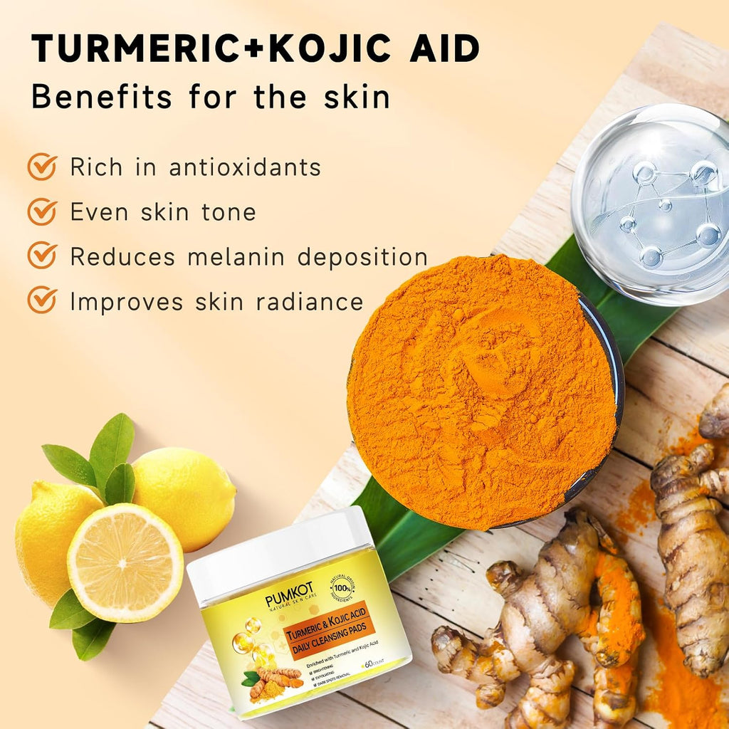 Pumkot Turmeric Kojic Acid Cleansing Pads, Turmeric Face Scrub Pads Enriched With Kojic Acid, 60Pcs