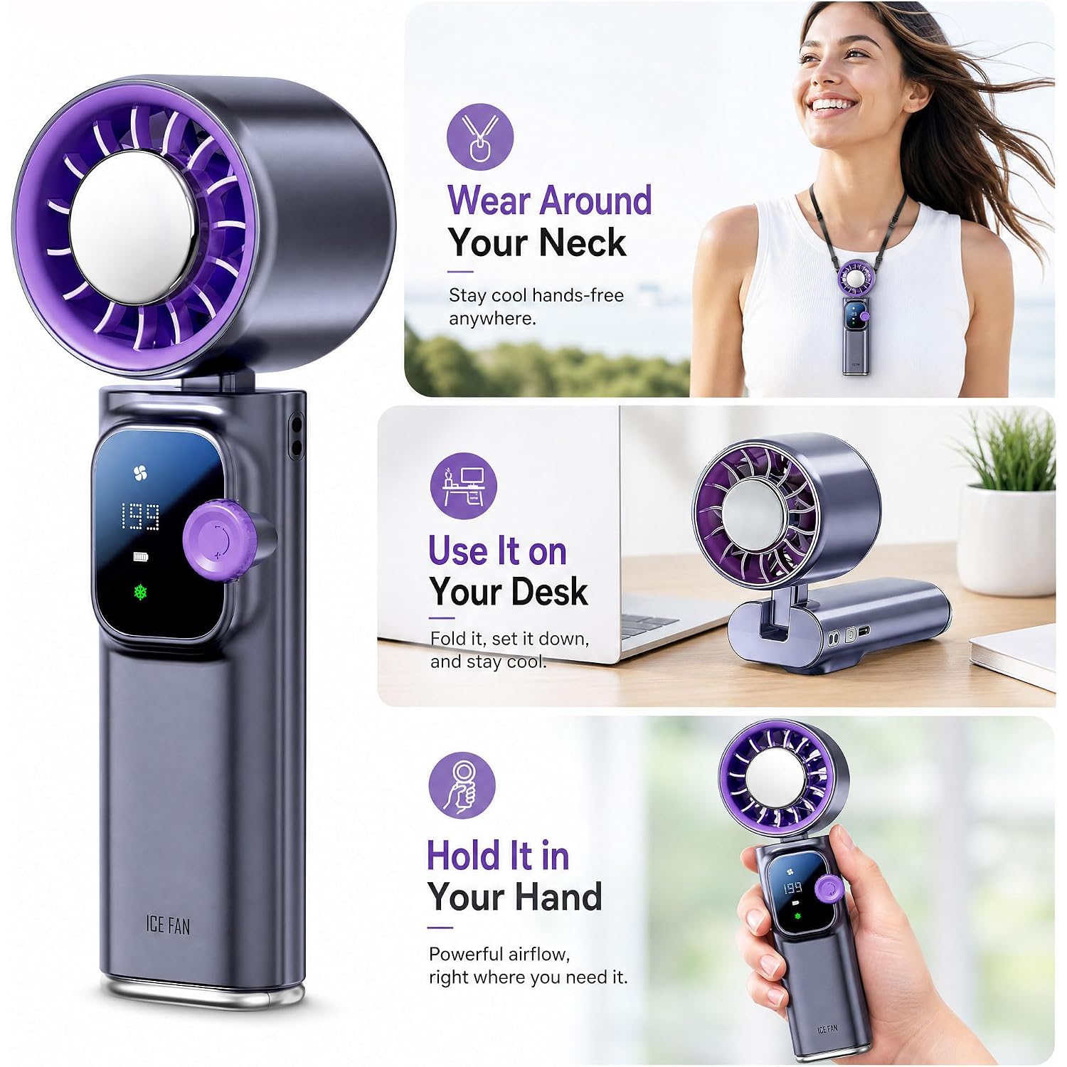 Portable Handheld Fan With Ice Cooling, Personal Rechargeable Fan 20000Rpm,199-Speed Mini Neck Fan With 4000Mah Battery Powered Up To 15Hrs With Led Display For Travel, Camping & Outdoor, Purple