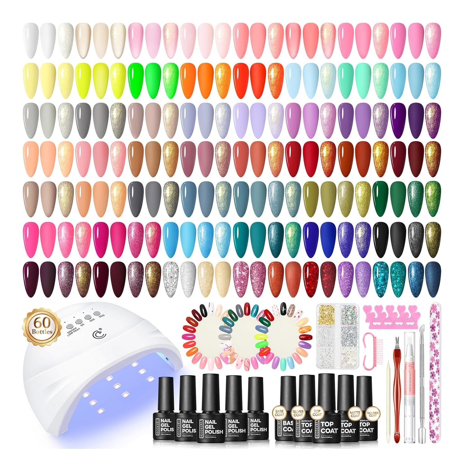 COSCELIA 60PC Gel Nail Polish Kit with U V light Starter Kit 55 Colors Gel Polish 5PC Top Base Coat Nail Art Decorations French Manicure Kit for with Everything Gifts for Women