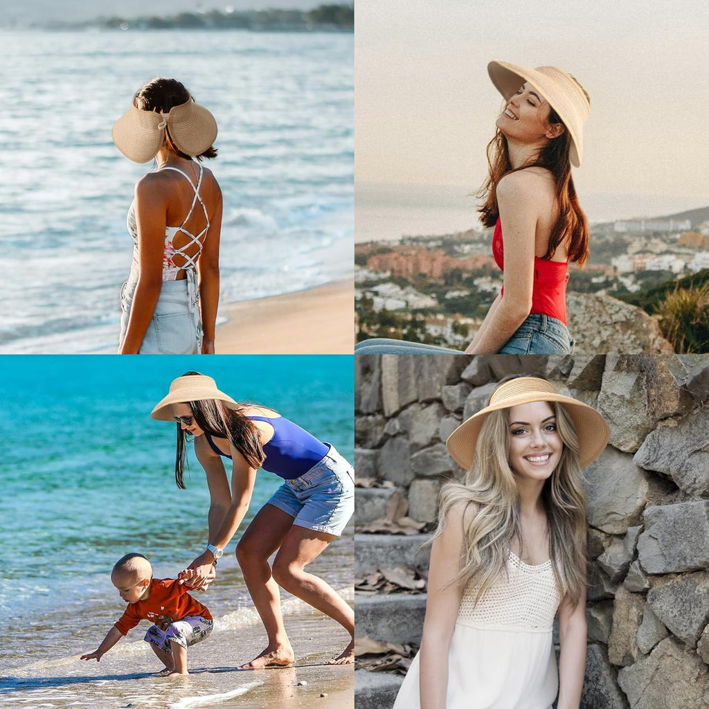 NPQQUAN Sun Visor Hats for Women Wide Brim Ponytail Straw Beach Hat Packable Foldable UPF 50+ Floppy Travel Hats