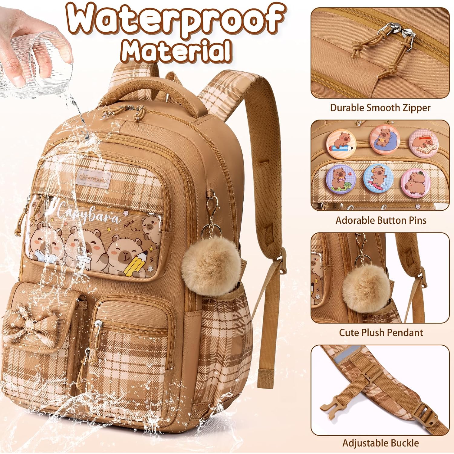 Fimibuke 9Pcs Capybara Girls Backpack For School With Lunch Box Pencil Case | Waterproof Kids Backpack For Girls, Cute Bow School Bag, Kawaii Bookbag For Preschool Kindergarten Elementary School Students