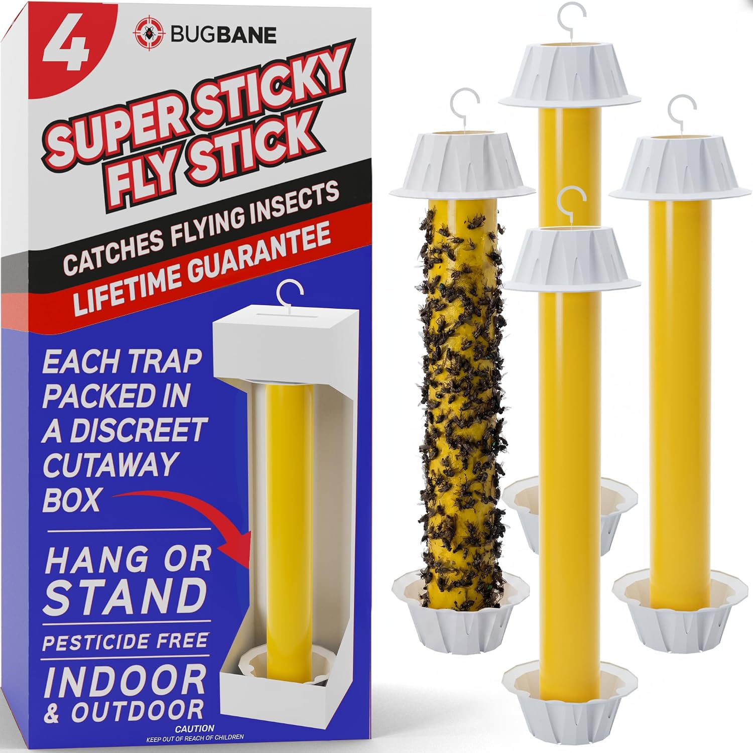 Fly Stick Sticky Fly Traps For Indoors Outdoor 4Pk. Non-Toxic Super Sticky Hanging Flies Catcher Paper Tape Strips For Home. Catches All Bugs And Gnats. Indoor Outdoor House Flying Insect Trap.