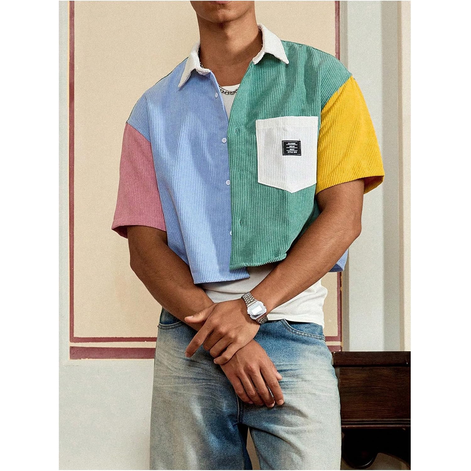 Gorglitter Men'S Striped Cropped Shirt Button Down Cool Short Sleeve Colorblock Collar Casual Streetwear Crop Top Tee