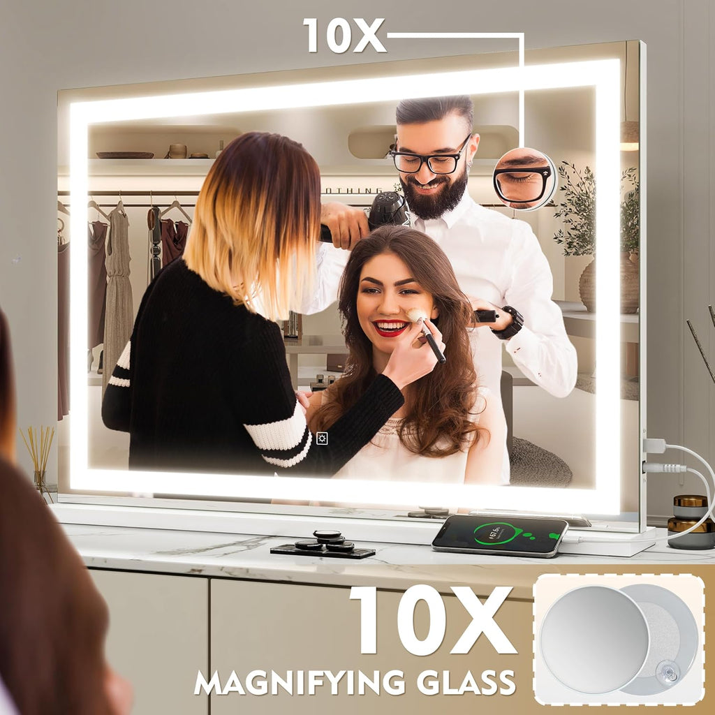 Rolove Vanity Mirror With Lights, 32" X 22" Large Lighted Vanity Mirror With Dimmable 3 Modes, Led Makeup Mirror, Usb Charging Port, Tabletop Or Wall-Mounted Square White
