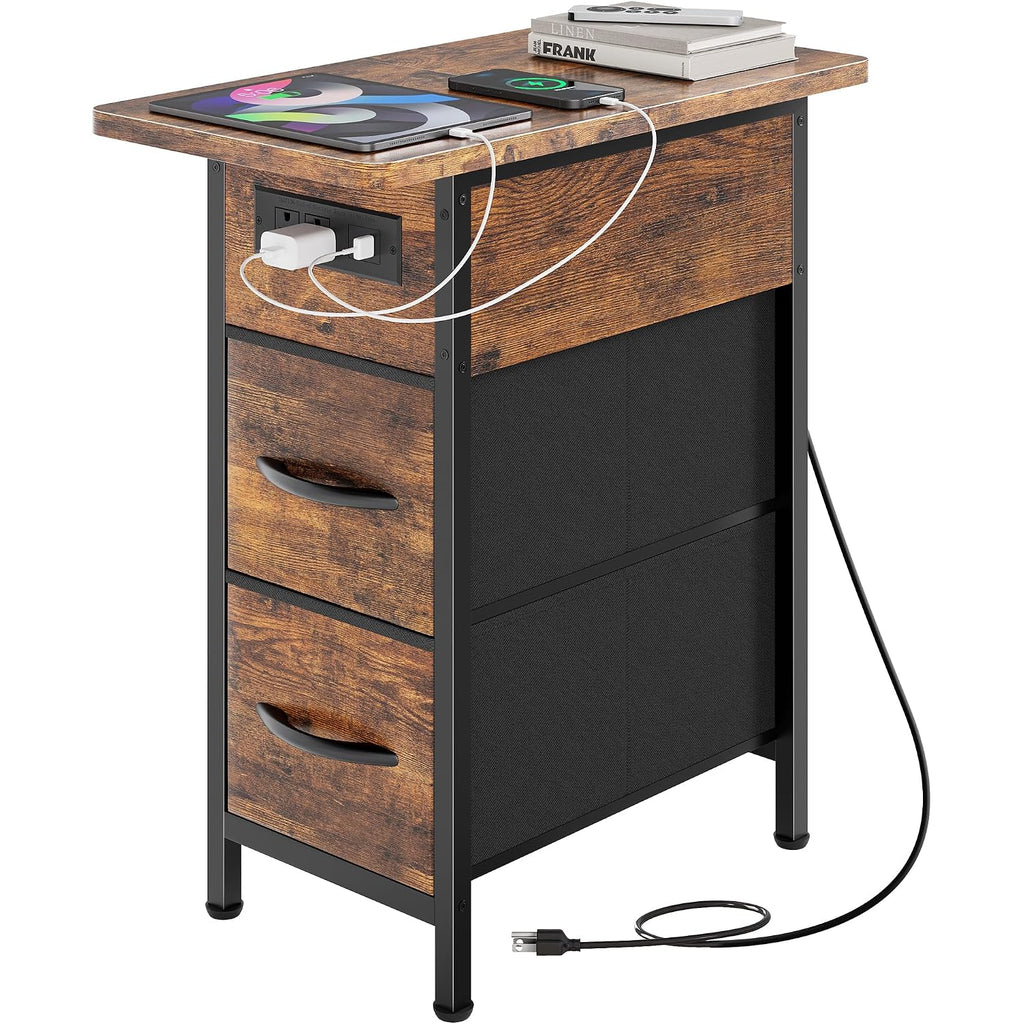 Huuger Narrow End Table With Charging Station, Flip Top Side Table With 2 Fabric Drawers, Slim Night Stand With Usb-C Port For Small Spaces, Nightstand Bedside Couch Table, Living Room, Rustic Brown