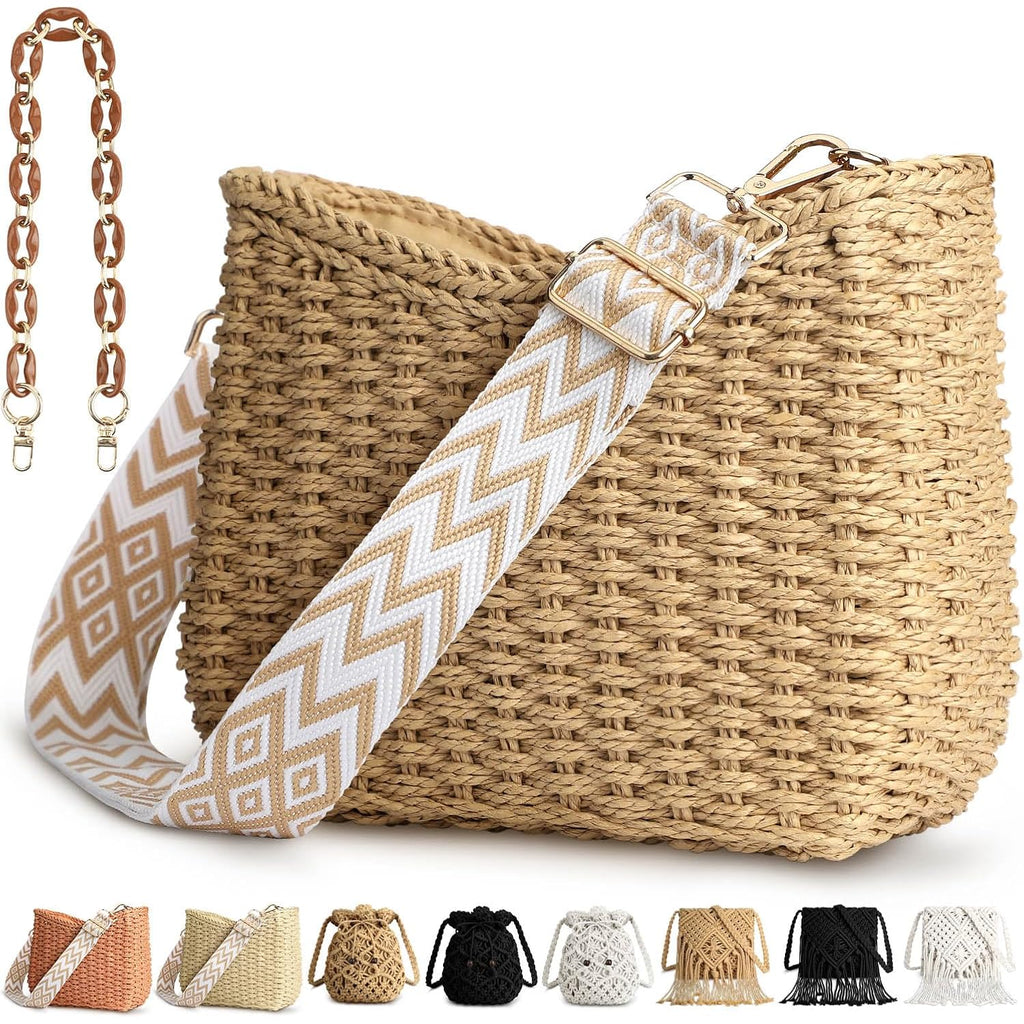 Straw Handbags Purses Crossbody Pocketbook Bag Casual Woven Beach Bags Summer Hobo Hippie Chic Tote Bags with Chain