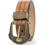 Mealah Vintage Western-Cowboy-Belt for Women Men - Carved Buckle PU Leather Waist Belts (for Waist 28"-38")