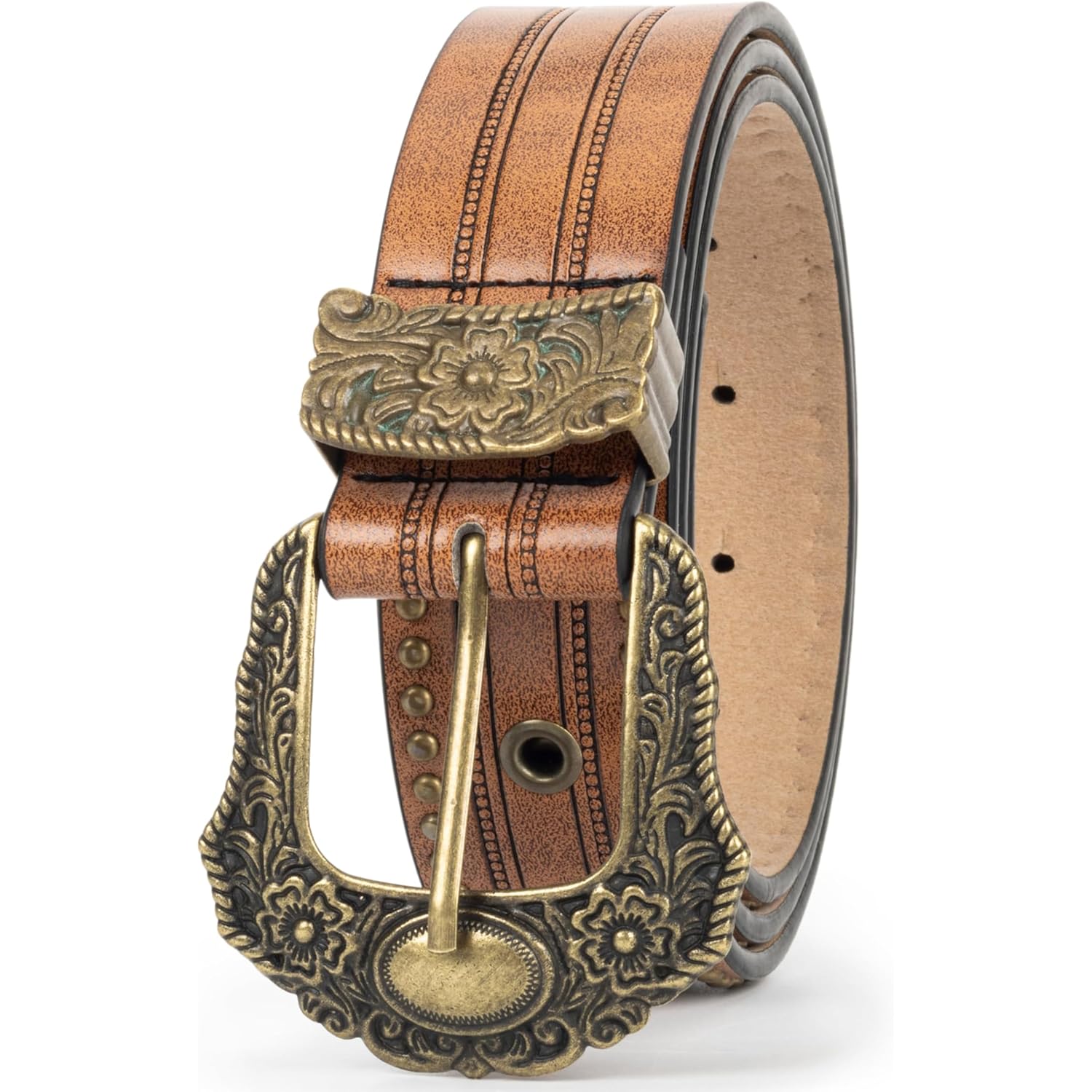 Mealah Vintage Western-Cowboy-Belt for Women Men - Carved Buckle PU Leather Waist Belts (for Waist 28"-38")
