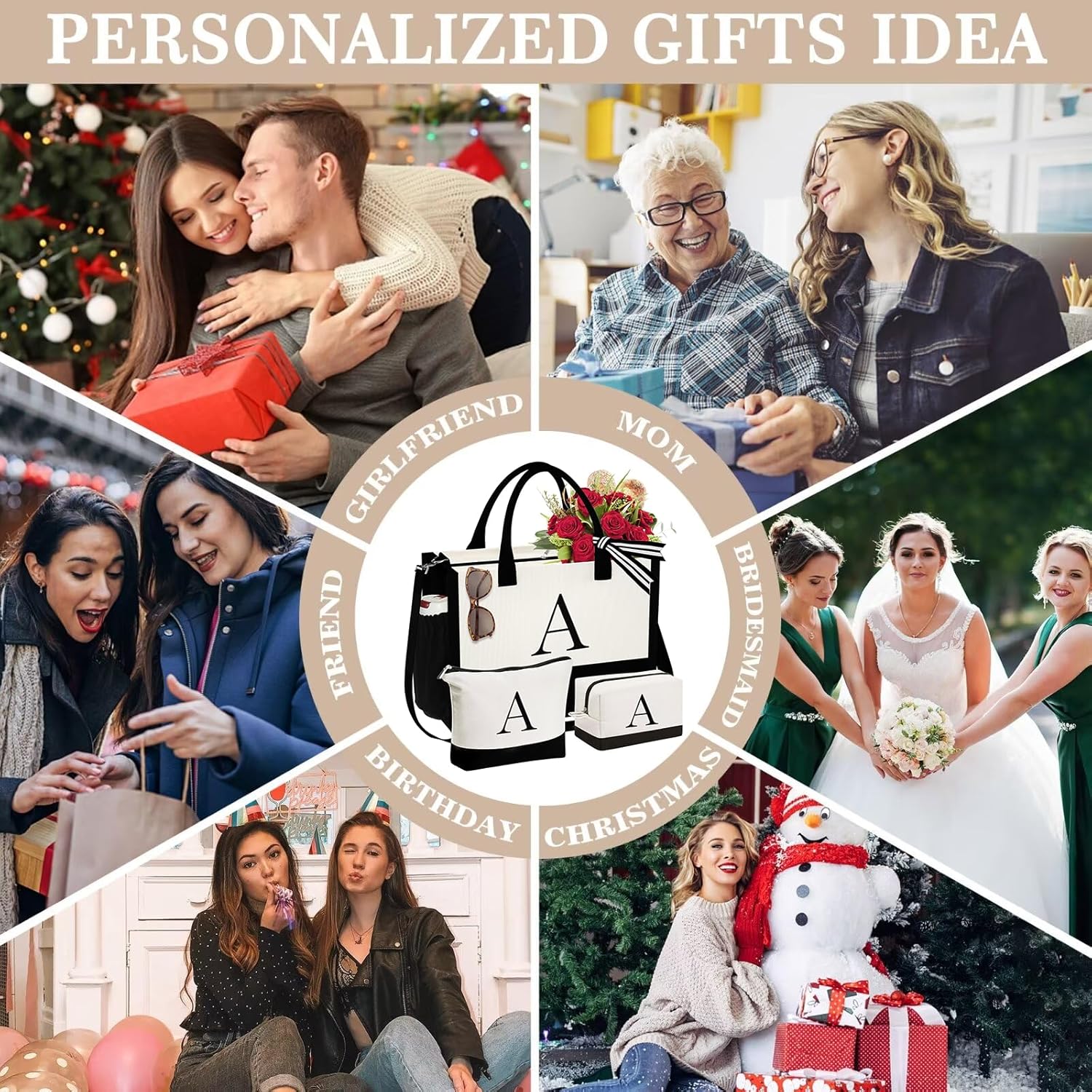 YOOLIFE Gifts for Women - Initial Canvas Tote Bag & Makeup Bag, Birthday Gifts for Women Mom Sister Friends