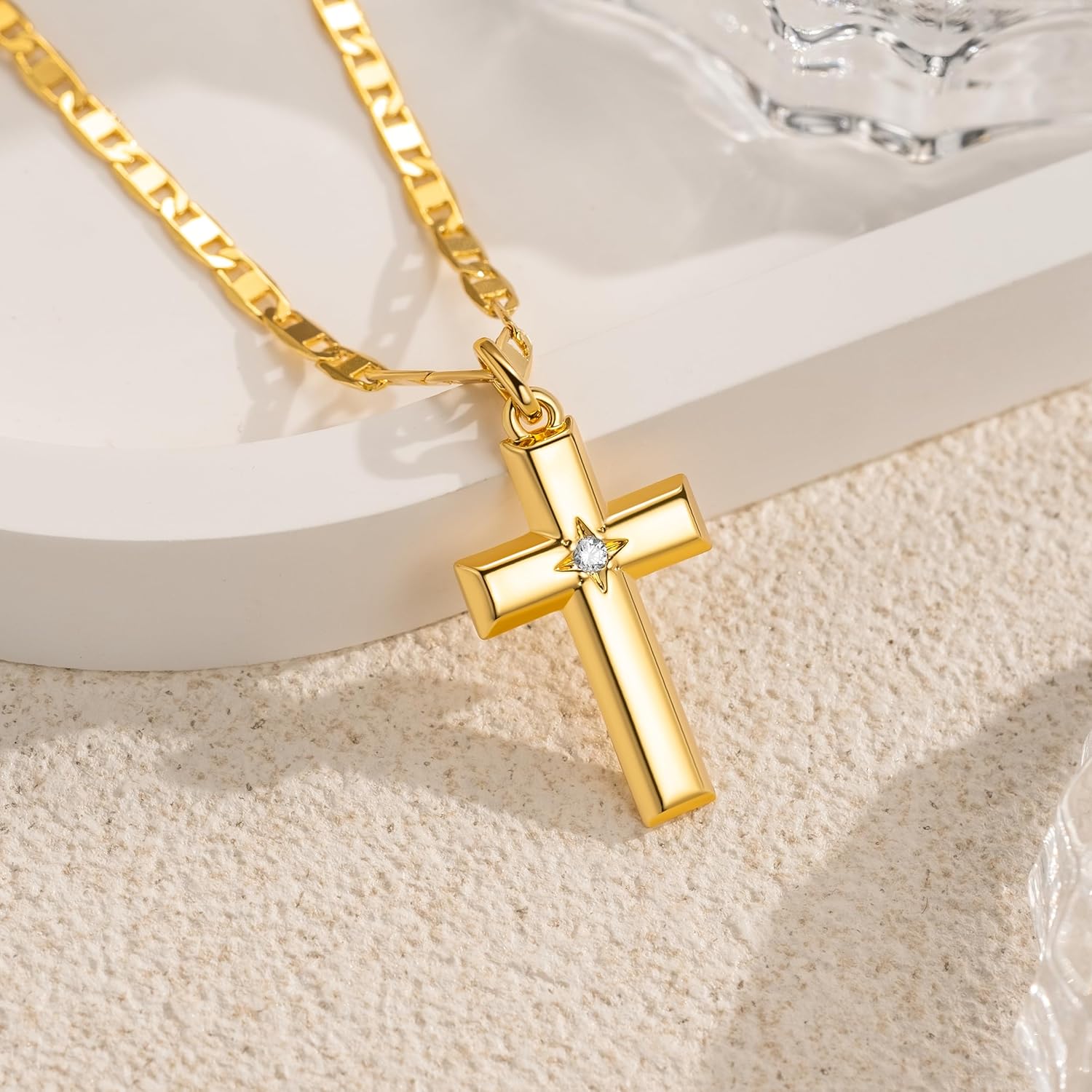 48cm 14k Gold Cross Necklace for Women Gold Necklace Cross Pendant Small Necklaces 48cm Chain with a CZ Stone