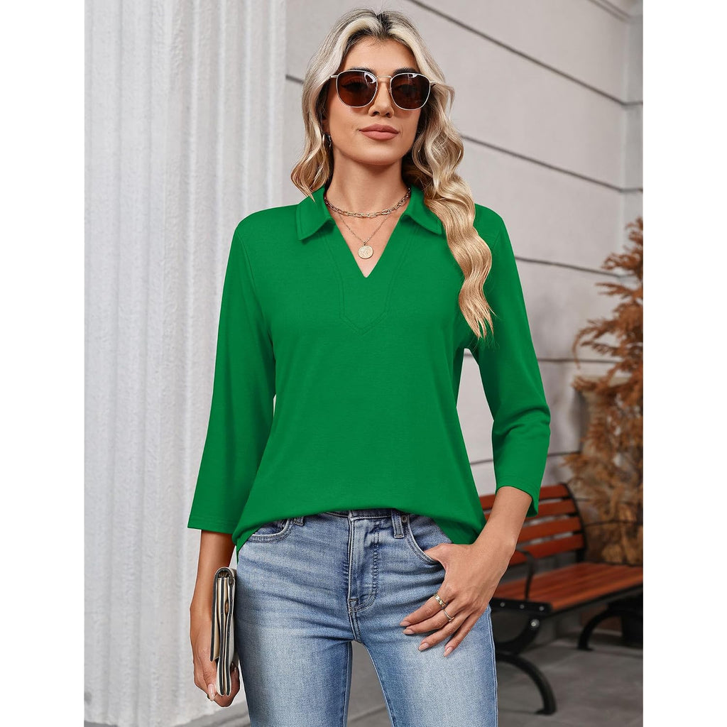 Lomon 3/4 Length Sleeve Womens Tops 2026 Spring Summer Collared Polo Shirts V Neck Casual Basic Polos Tees Shirt