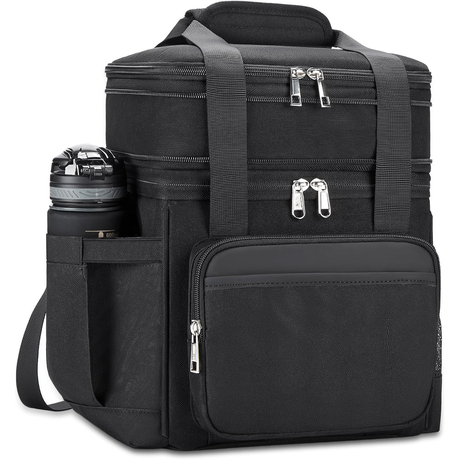 Insulated Lunch Bag & Lunch Box For Men - Double Deck Reusable Lunch Bag For Women Tote Cooler Bag Leakproof Soft Expandable - Large Lunchbox For Work/Adult/Picnic/Outdoor (Black，15L)