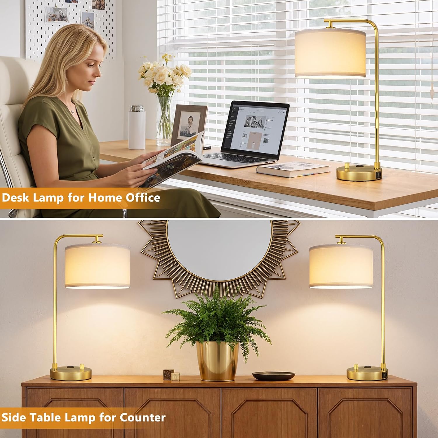 Bedside Table Lamps For Bedroom Set Of 2-Dimmable Nightstand Lamps With Usb Port And Outlet,Modern Gold Lamps With Linen Shade,Tall Desk Lamps For Home Office Bedroom Living Room End Table