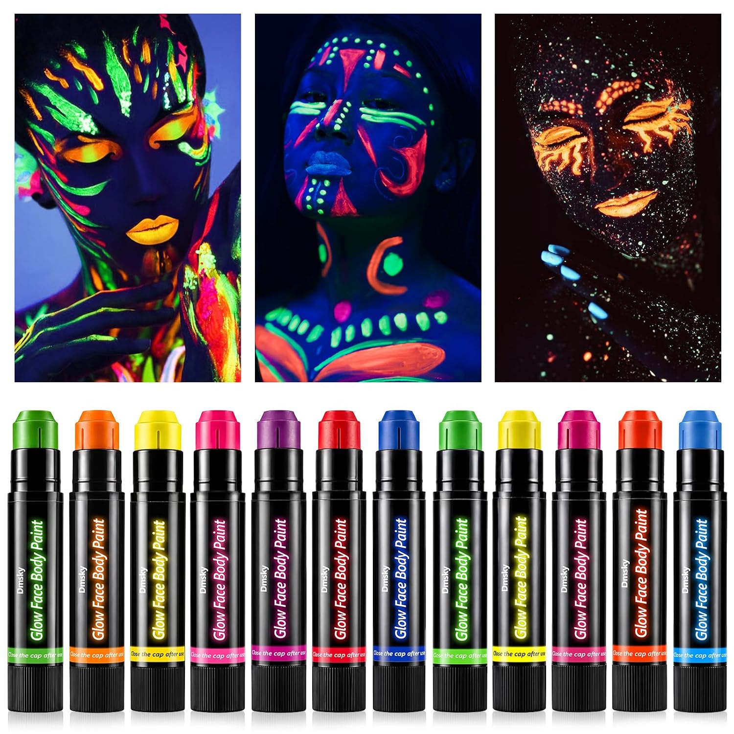 12 Pack Glow Face Body Paint,Neon Body Paint Sticks,Glow In The Dark Paint Under Uv Black Light,Makeup Face Painting Kit Professional Party Supplies For Halloween,Christmas,Birthday Party