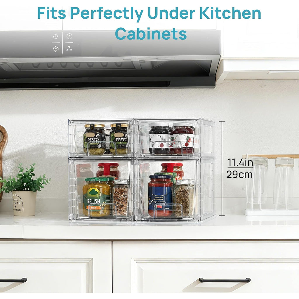 Vtopmart 4 Pack Clear Stackable Storage Drawers,Under Sink And Kitchen Organizers Storage,Easy To Assemble Plastic Drawers For Baby Bottle,Medicine, Bathroom,Cabinet And Pantry Organization