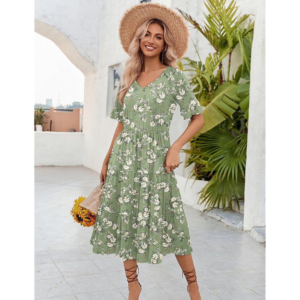 Zeagoo Women'S Summer Dresses Midi Tiered Casual Dress Floral V Neck Ruffle Short Sleeve Flowy Beach Dress With Pockets